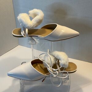 Glaze White Faux Fur Pointed-Toe Ankle-Tie Mules